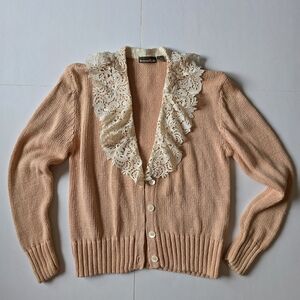 Vintage Outback Red Peach Cardigan with Lace Collar